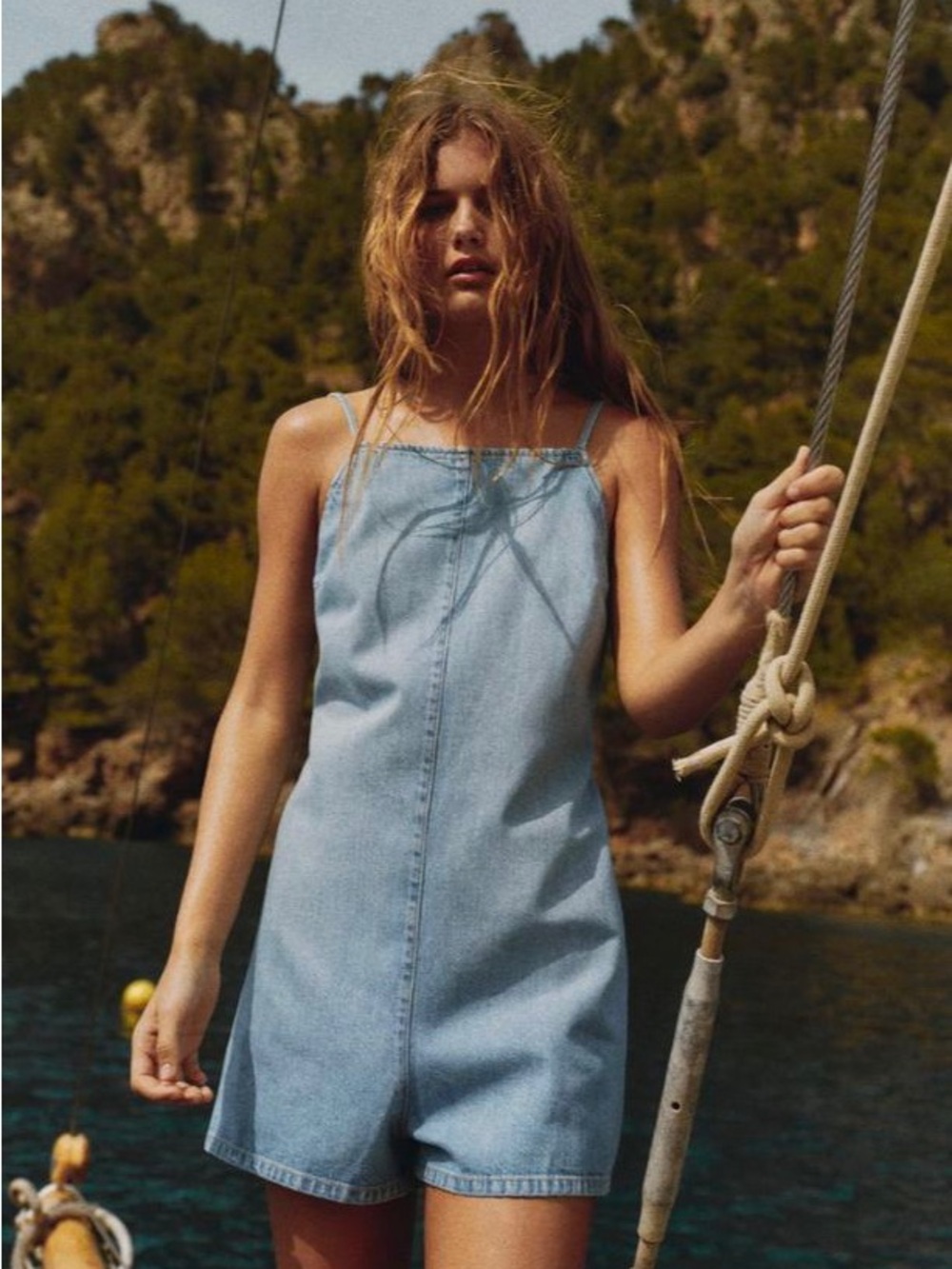 Zara Light Blue Denim Romper with Spaghetti Straps